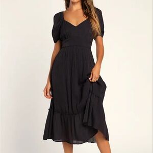 Lulus “Simply a Sensation” Navy Blue Puff Sleeve Midi Dress